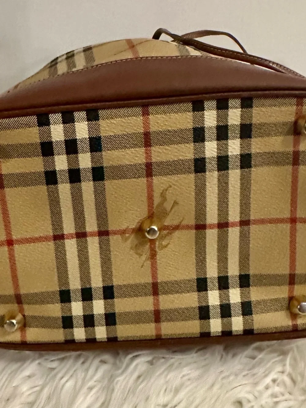 Burberry Beige Plaid Canvas Leather Trim Drawstring Hobo Bag